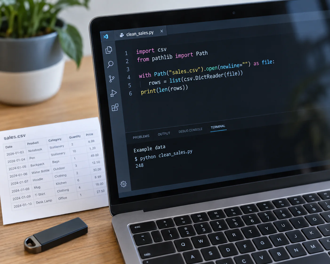 Laptop displaying Python code beside sample CSV data